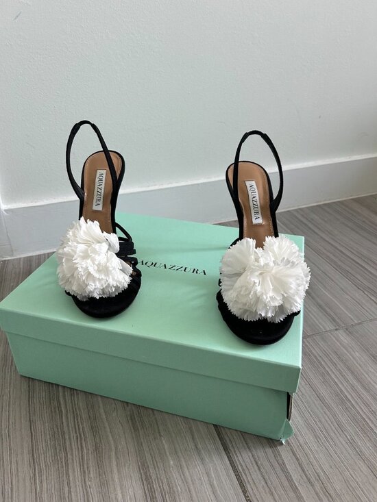 Aquazzura Love Generation 105 Black Satin Flower Sandals Heels main image 3